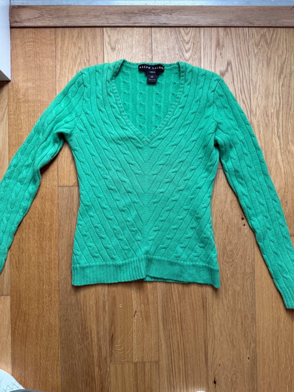 Ralph Lauren Bright Green 100% Cashmere Cable-Knit V-Neck Sweater